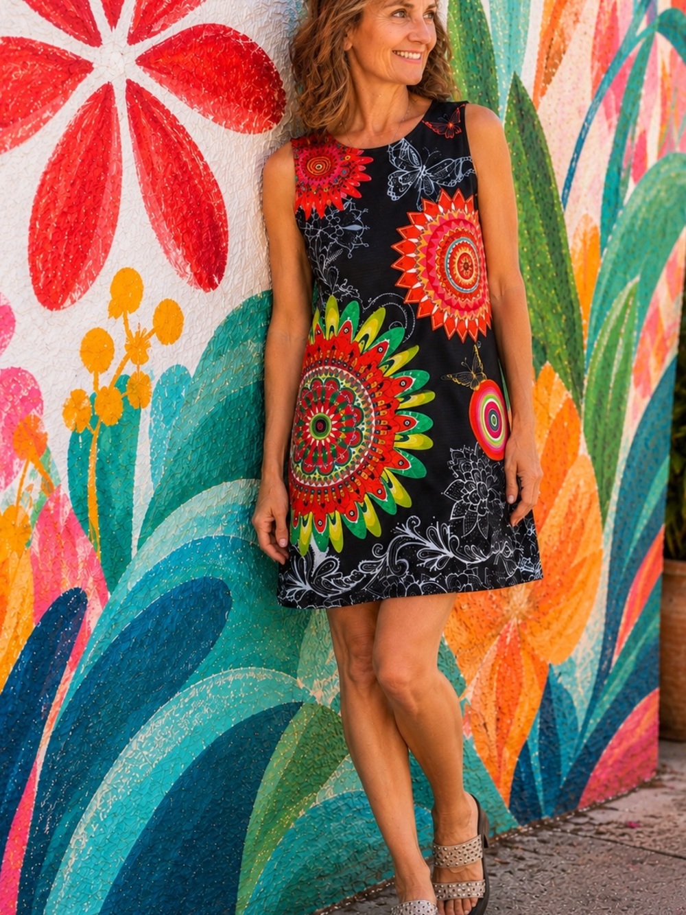 Papillon NWT Mandala Print Sleeveless Shift Dress | Rhinestone Detail | Size M